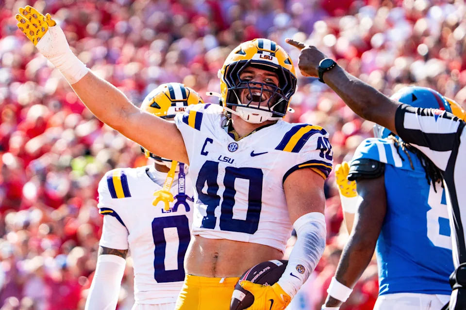 LSU linebacker Whit Weeks (40) gestures toward the crowd after a turnover during a college football game between Ole Miss and LSU at Vaught-Hemingway Stadium in Oxford, Miss., on Saturday, Sept. 27, 2025.