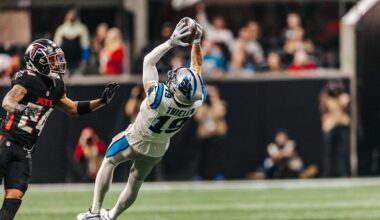 Jalen Coker and Adam Thielen with friendly competition