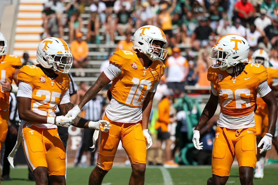 Sep 20, 2025; Knoxville, Tennessee, USA; Tennessee Volunteers defensive back Kaleb Beasley (10) celebrates after returning a fumble for a touchdown against the UAB Blazers during the second half at Neyland Stadium. Mandatory Credit: Randy Sartin-Imagn Images