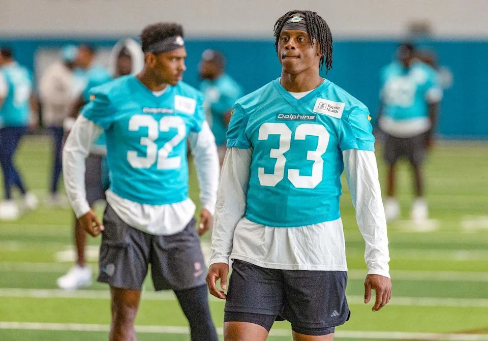 Miami Dolphins cornerback Jason Marshall Jr. (33) prepares for drills during OTA’s “Organized Team Activities,” at the Baptist Health Training Complex in Miami Gardens, Florida, on Wednesday, May 28, 2025. 