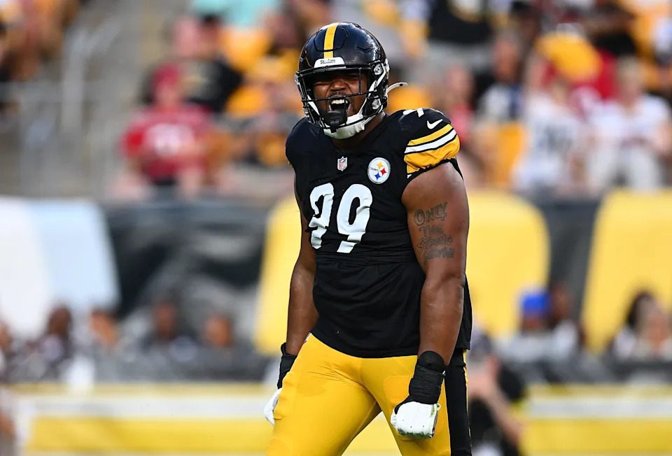PITTSBURGH, PENNSYLVANIA - AUGUST 16: Derrick Harmon #99 of the Pittsburgh Steelers celebrates after sacking Teddy Bridgewater #16 of the Tampa Bay Buccaneers (not pictured) during the first quarter of the NFL Preseason 2025 at Acrisure Stadium on August 16, 2025 in Pittsburgh, Pennsylvania. (Photo by Joe Sargent/Getty Images)