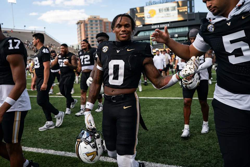 Vanderbilt wide receiver Junior Sherrill (0) celebrates after defeating Utah State at FirstBank Stadium in Nashville, Tenn., Saturday, Sept. 27, 2025.