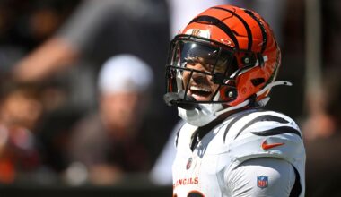 Cincinnati Bengals running back Chase Brown (30) celebrates his rushing touchdown during the first half of an NFL football game against the Cleveland Browns, Sunday, Sept. 7, 2025, in Cleveland. (AP Photo/David Richard)