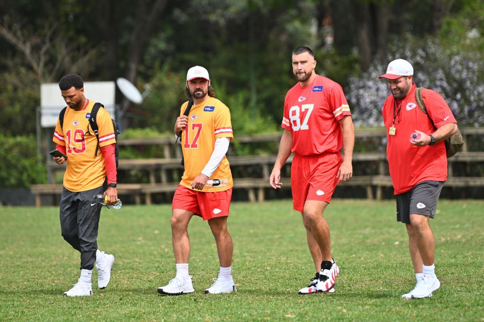 Kansas City Chiefs players Travis Kelce, Chris Oladokun, and Gardner Minshew at training camp.