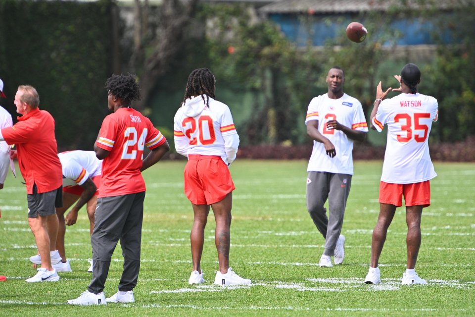Kansas City Chiefs players warming up at training camp.