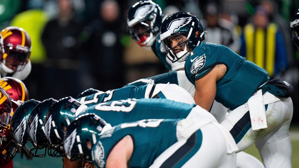 Philadelphia Eagles quarterback Jalen Hurts at the goal line.