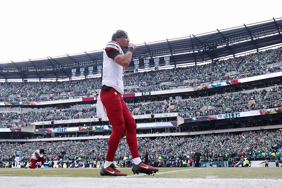 Jan 26, 2025; Philadelphia, PA, USA; Washington Commanders quarterback Jayden Daniels (5) before the NFC Championship game at Lincoln Financial Field. Mandatory Credit: Bill Streicher-Imagn Images