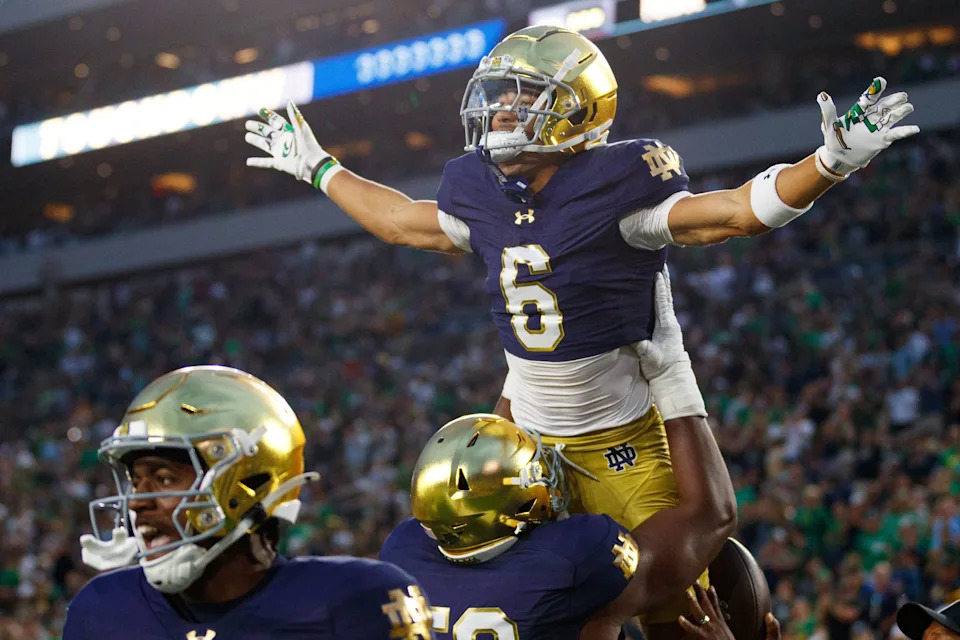 Notre Dame wide receiver Jordan Faison (6) celebrates after scoring a touchdown during the second half of a NCAA football game against Purdue at Notre Dame Stadium on Saturday, Sept. 20, 2025, in South Bend.
