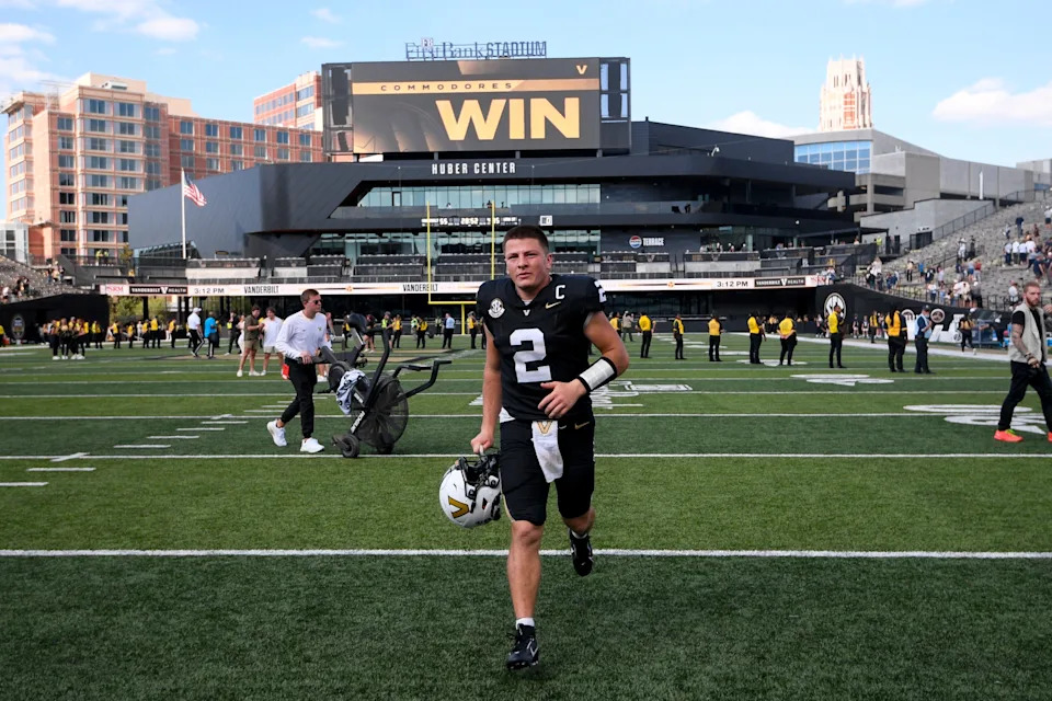 Sep 27, 2025; Nashville, Tennessee, USA; Vanderbilt Commodores quarterback Diego Pavia (2) runs off the field after the win against the Utah State Aggies after the game at FirstBank Stadium. Mandatory Credit: Steve Roberts-Imagn Images