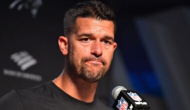 Carolina Panthers head coach Dave Canales speaks during a news conference after an NFL football game against the New England Patriots, Sunday, Sept. 28, 2025, in Foxborough, Mass. (AP Photo/Steven Senne)