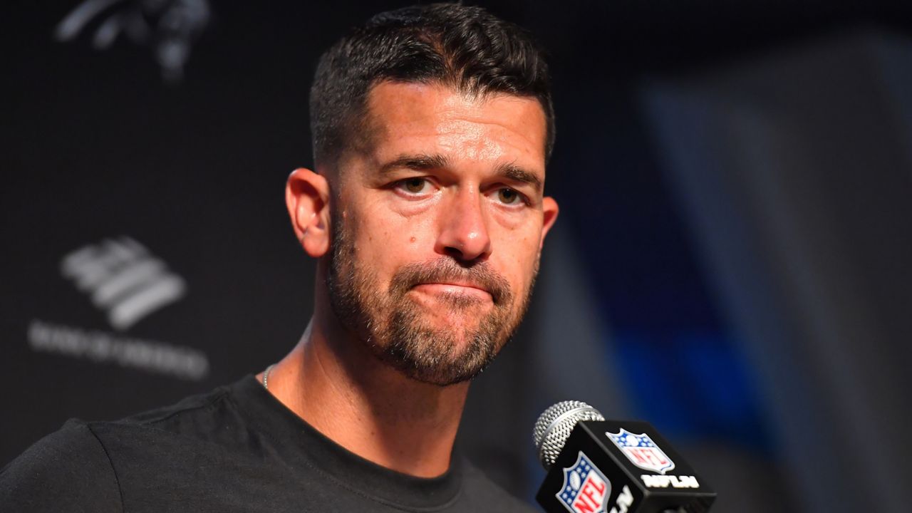 Carolina Panthers head coach Dave Canales speaks during a news conference after an NFL football game against the New England Patriots, Sunday, Sept. 28, 2025, in Foxborough, Mass. (AP Photo/Steven Senne)