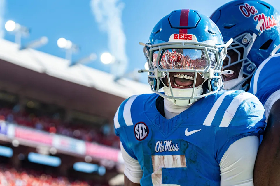 Ole Miss running back Kewan Lacy (5) celebrates after scoring a touchdown during a college football game between Ole Miss and LSU at Vaught-Hemingway Stadium in Oxford, Miss., on Saturday, Sept. 27, 2025. Ole Miss defeated LSU 24-19.