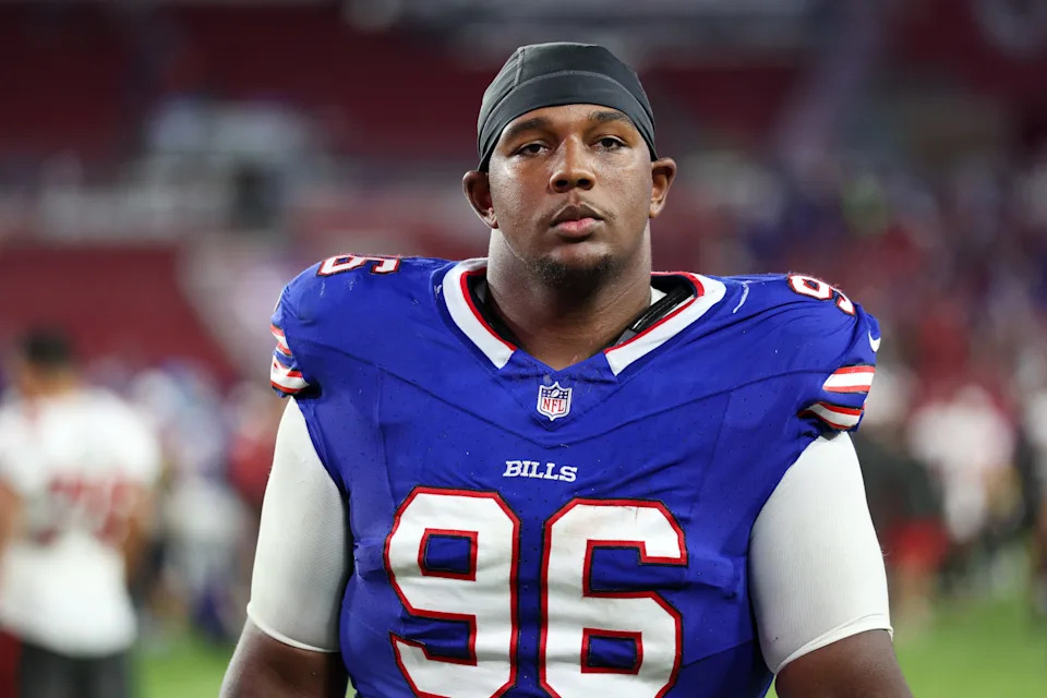 Aug 23, 2025; Tampa, Florida, USA; Buffalo Bills defensive tackle Deone Walker (96) looks on after a game against the Tampa Bay Buccaneers at Raymond James Stadium. Mandatory Credit: Nathan Ray Seebeck-Imagn Images