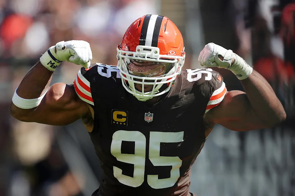Cleveland Browns defensive end Myles Garrett celebrates after sacking Cincinnati Bengals quarterback Joe Burrow on Sept. 7, 2025, in Cleveland.