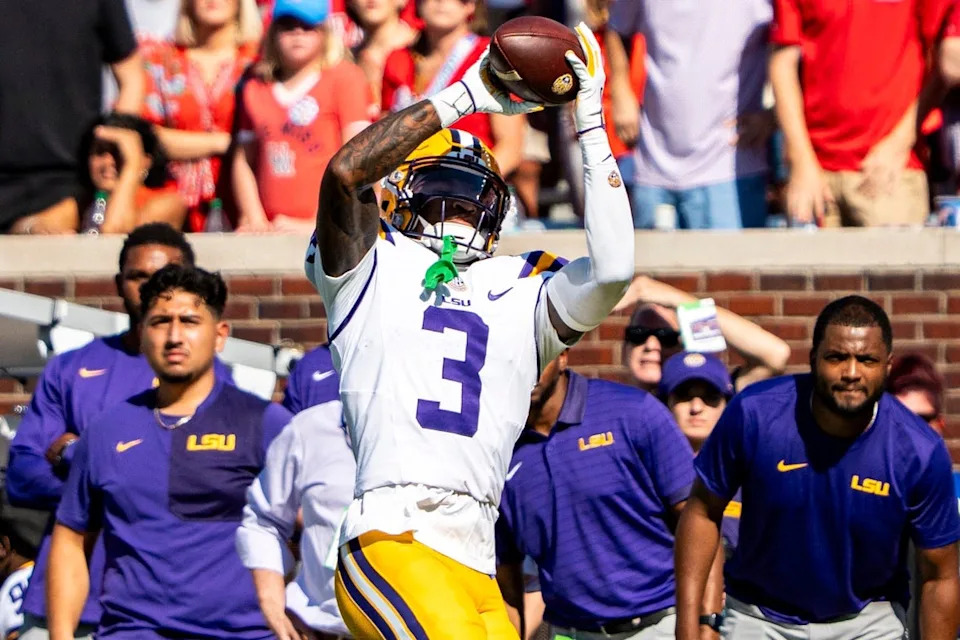 LSU wide receiver Chris Hilton Jr. (3) catches the ball during a college football game between Ole Miss and LSU at Vaught-Hemingway Stadium in Oxford, Miss., on Saturday, Sept. 27, 2025. Ole Miss defeated LSU 24-19.