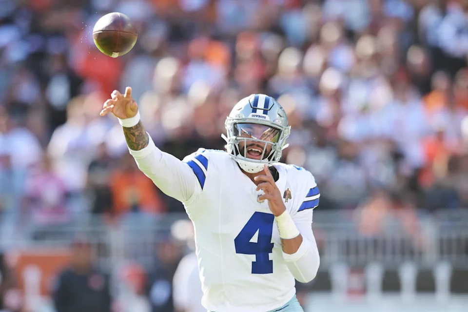Sep 8, 2024; Cleveland, Ohio, USA; Dallas Cowboys quarterback Dak Prescott (4) throws a pass during the first half against the Cleveland Browns at Huntington Bank Field. Mandatory Credit: Ken Blaze-Imagn Images