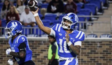 Duke's Darian Mensah (10) throws during the second half of an NCAA college football game against Elon in Durham, N.C., Thursday, Aug. 28, 2025. (AP Photo/Ben McKeown)