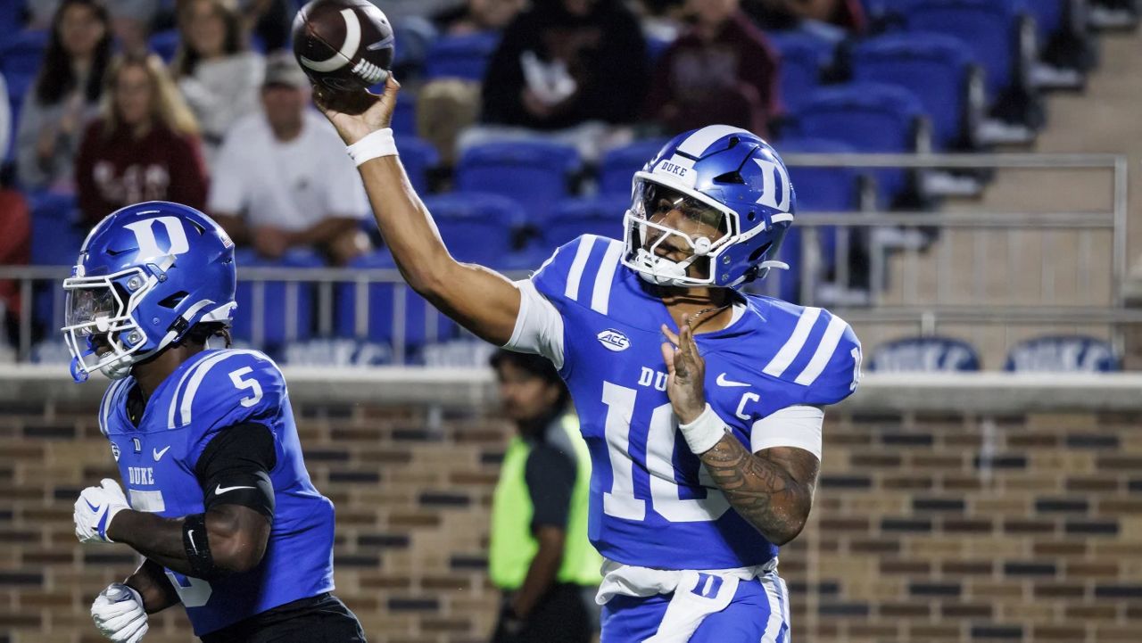 Duke's Darian Mensah (10) throws during the second half of an NCAA college football game against Elon in Durham, N.C., Thursday, Aug. 28, 2025. (AP Photo/Ben McKeown)