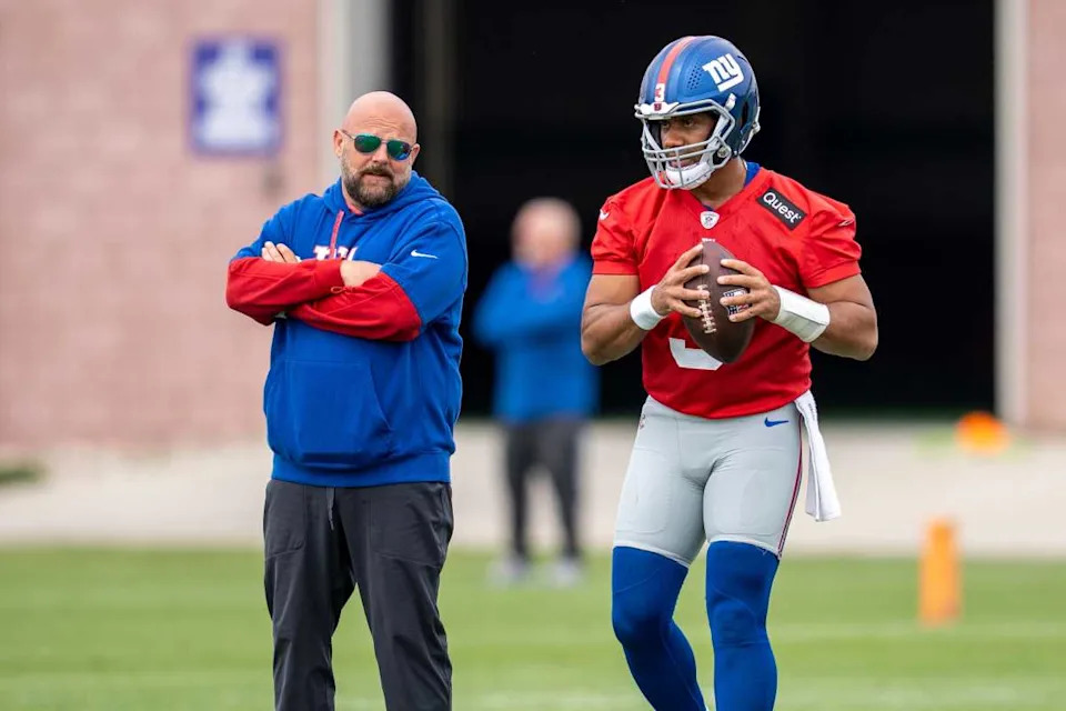 Brian Daboll and Russell Wilson are shown during a New York Giants practice at Quest Diagnostics Training Center, East Rutherford, NJ, on May 28, 2025.Anne-Marie Caruso&sol;NorthJersey&period;com &sol; USA TODAY NETWORK via Imagn Images