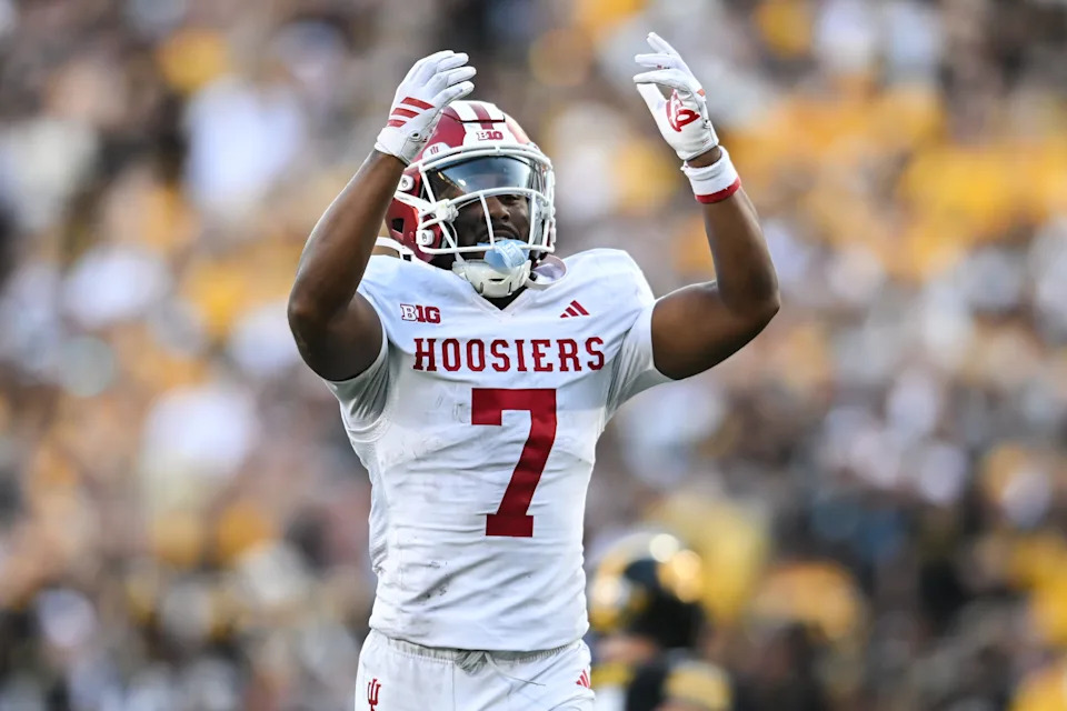 Sep 27, 2025; Iowa City, Iowa, USA; Indiana Hoosiers defensive back Louis Moore (7) reacts late in the game against the Iowa Hawkeyes at Kinnick Stadium.