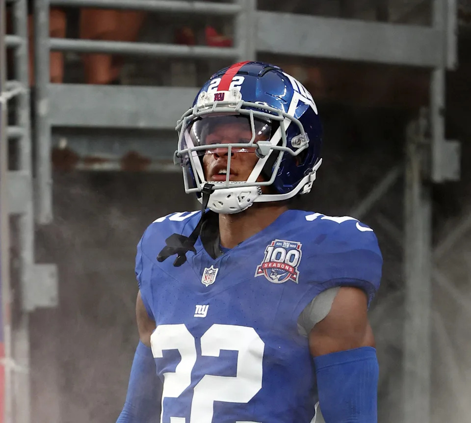 EAST RUTHERFORD, NEW JERSEY - AUGUST 08: Andru Phillips #22 of the New York Giants gets ready to enter the field before a preseason game against the Detroit Lions at MetLife Stadium on August 08, 2024 in East Rutherford, New Jersey. (Photo by Mike Coppola/Getty Images)