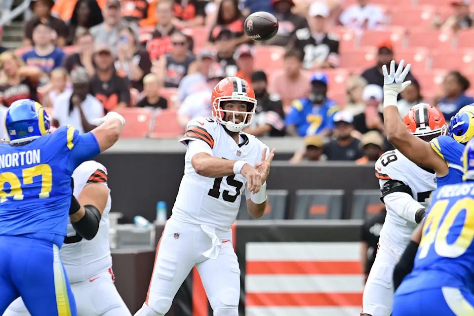Aug 23, 2025; Cleveland, Ohio, USA; Cleveland Browns quarterback Joe Flacco (15) throws a pass during the first quarter against the Los Angeles Rams at Huntington Bank Field. Mandatory Credit: Ken Blaze-Imagn Images