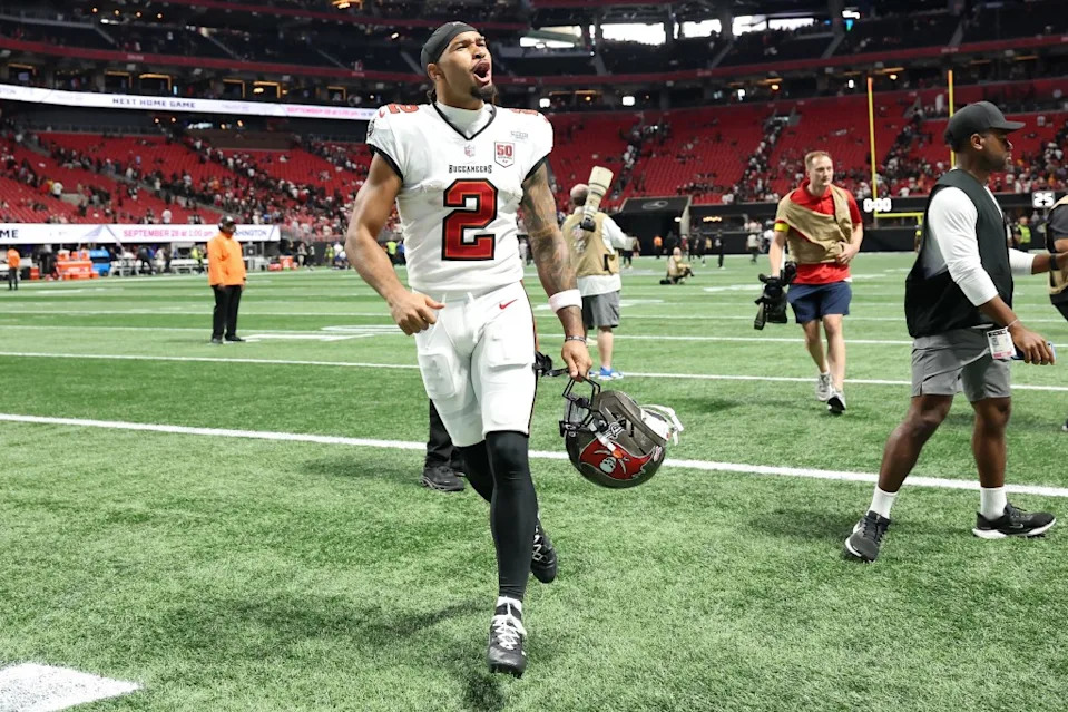 Emeka Egbuka celebrates after the Buccaneers’ Week 1 win over the Falcons. Getty Images