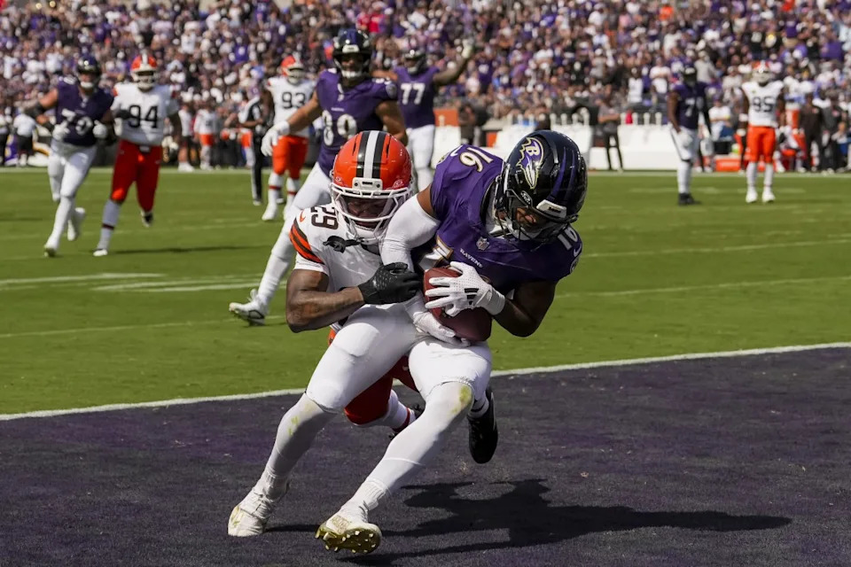 Sep 14, 2025; Baltimore, Maryland, USA; Baltimore Ravens wide receiver Tylan Wallace (16) makes a touchdown catch during the second quarter at M&T Bank Stadium.Mitch Stringer-Imagn Images