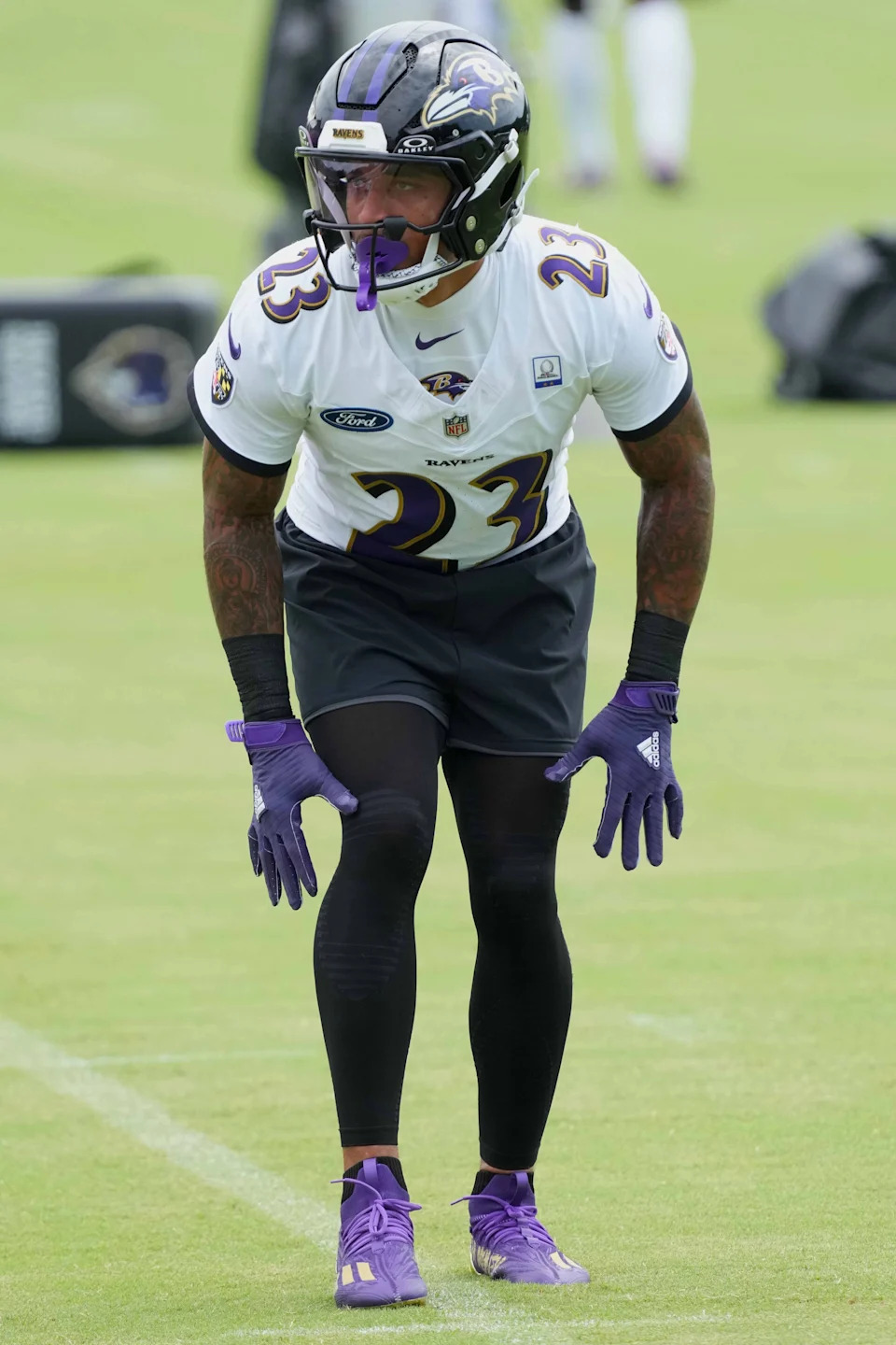 Jul 24, 2025; Owings Mills, MD, USA; Baltimore Ravens cornerback Jaire Alexander (23) runs drills during training camp at the Under Armour Performance Center. Mandatory Credit: Mitch Stringer-Imagn Images