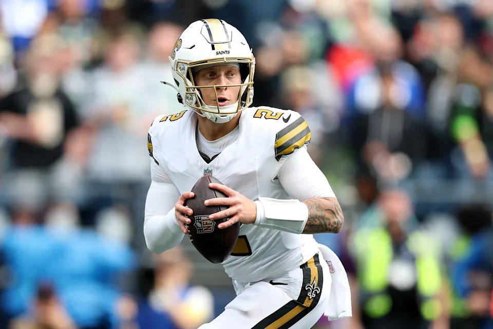 SEATTLE, WASHINGTON - SEPTEMBER 21: Spencer Rattler #2 of the New Orleans Saints looks to pass against the Seattle Seahawks at Lumen Field on September 21, 2025 in Seattle, Washington. (Photo by Steph Chambers/Getty Images)