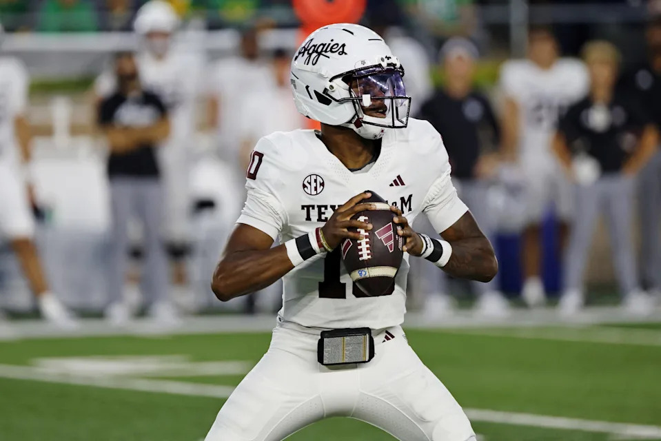 Sep 13, 2025; South Bend, Indiana, USA; Texas A&M Aggies quarterback Marcel Reed (10) looks to make a pass during the first half against the Notre Dame Fighting Irish at Notre Dame Stadium. Mandatory Credit: Michael Caterina-Imagn Images