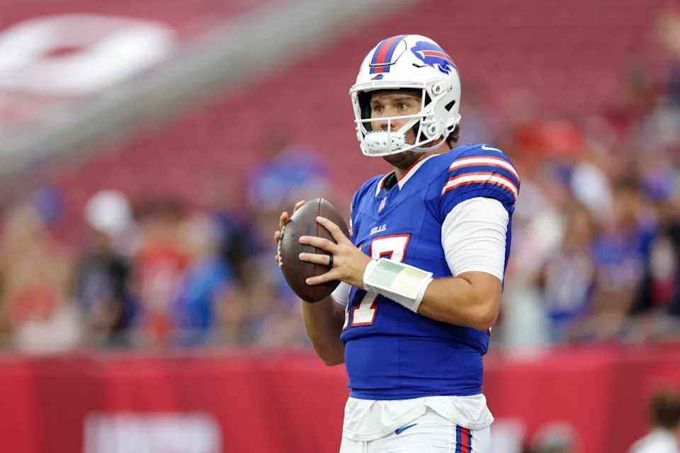 Aug 23, 2025; Tampa, Florida, USA; Buffalo Bills quarterback Josh Allen (17) warms up before a game against the Tampa Bay Buccaneers at Raymond James Stadium. Mandatory Credit: Nathan Ray Seebeck-Imagn Images
