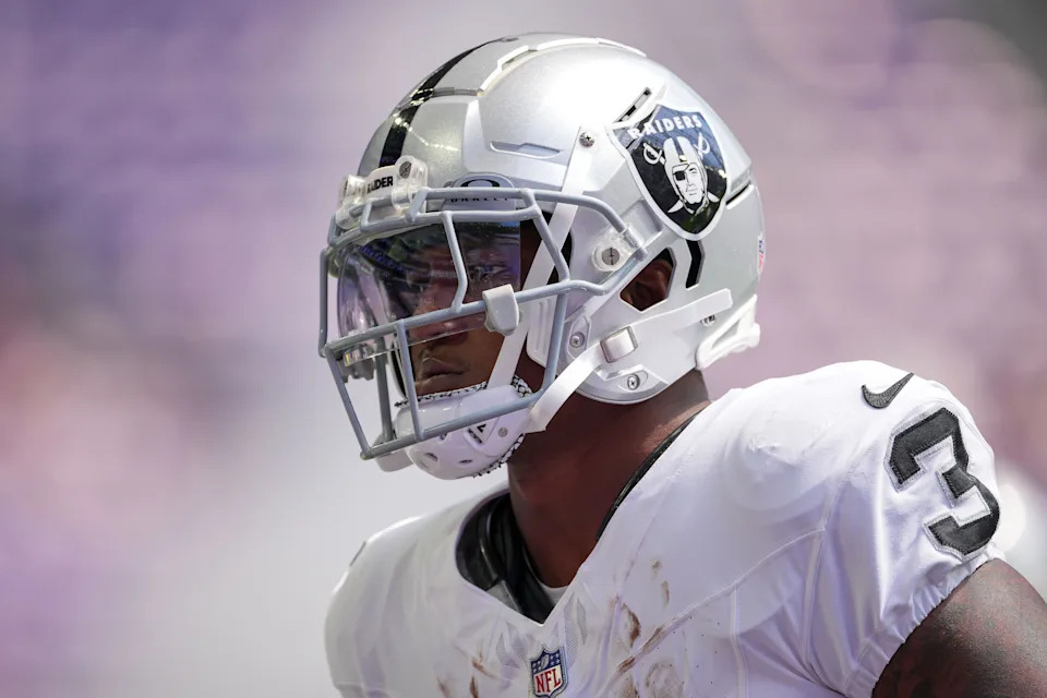 Aug 10, 2024; Minneapolis, Minnesota, USA; Las Vegas Raiders running back Zamir White (3) warms up before the game against the Minnesota Vikings at U.S. Bank Stadium. Mandatory Credit: Brad Rempel-USA TODAY Sports
