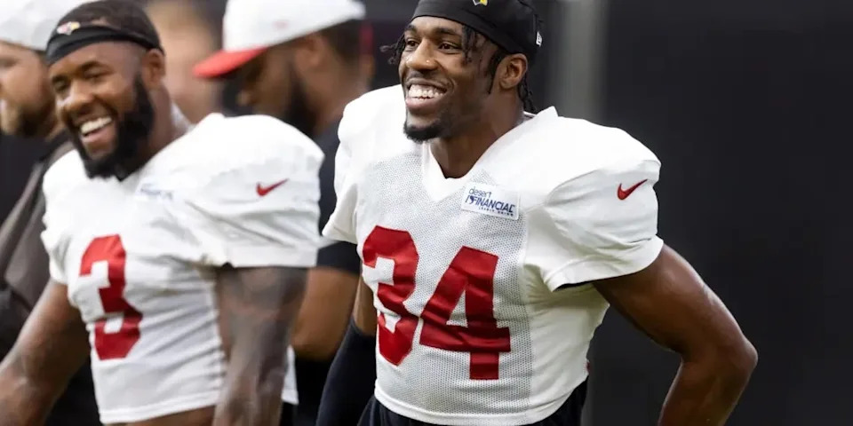 Jul 29, 2025; Glendale, AZ, USA; Arizona Cardinals safety Jalen Thompson (34) with safety Budda Baker (3) during training camp at State Farm Stadium. Mandatory Credit: Mark J. Rebilas-Imagn Images