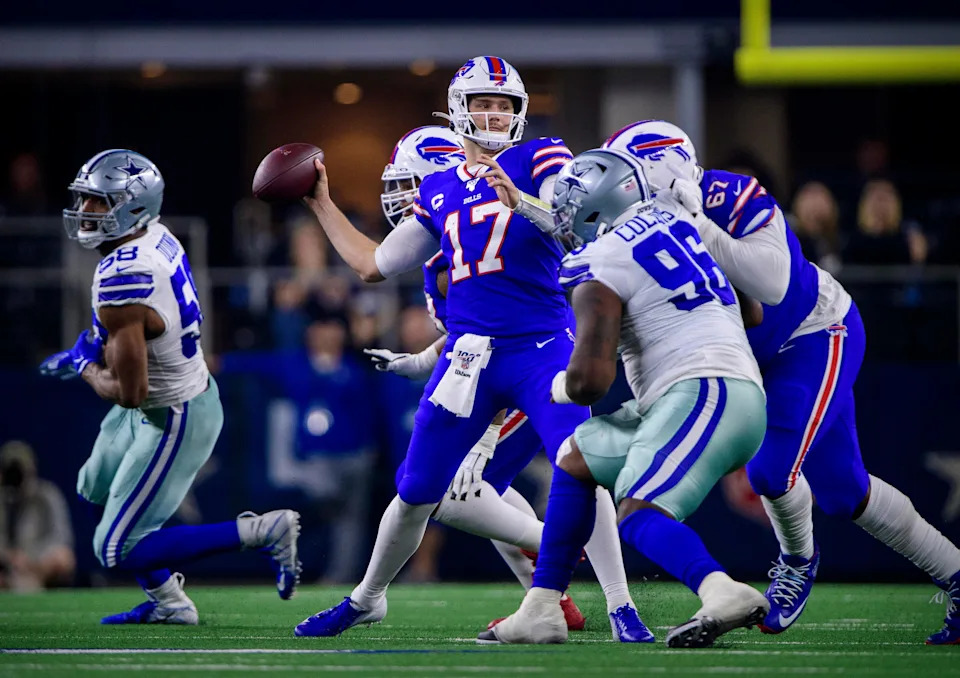 Nov 28, 2019; Arlington, TX, USA; Buffalo Bills quarterback Josh Allen (17) in action during the game between the Bills and Cowboys at AT&T Stadium. Mandatory Credit: Jerome Miron-USA TODAY Sports