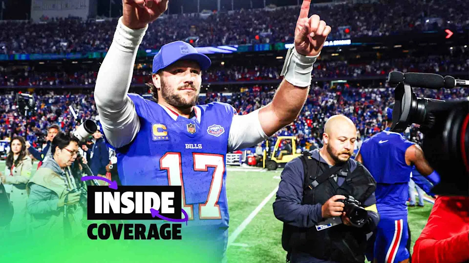 Josh Allen celebrates the Bills' SNF win over the Ravens. (AP Photo/Jeffrey T. Barnes)