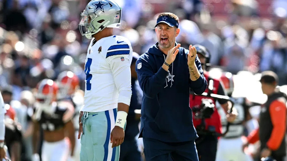 <div>CLEVELAND, OHIO - SEPTEMBER 08: Offensive coordinator Brian Schottenheimer of the Dallas Cowboys looks on prior to a game against the Cleveland Browns at Huntington Bank Field on September 08, 2024 in Cleveland, Ohio. (Photo by Nick Cammett/Diamond Images via Getty Images)</div>