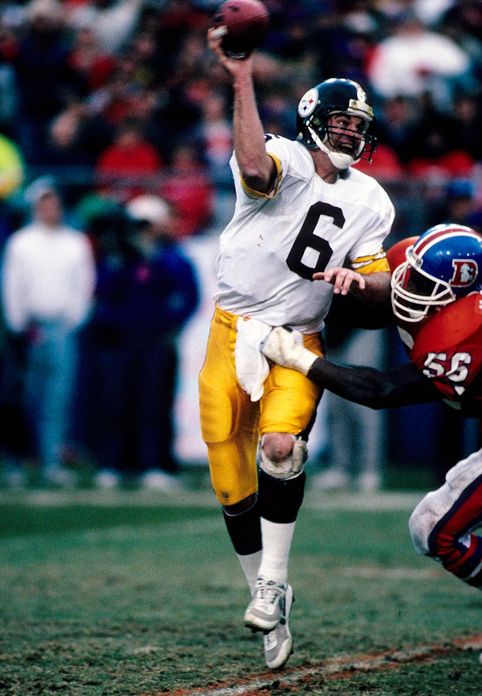 Jan 7, 1990; Denver, CO, USA; Pittsburgh Steelers quarterback Bubby Brister (6) passes during the 1989 AFC Divisional Playoff Game against the Denver Broncos at Mile High Stadium. The Broncos won 24-23. FILE PHOTO; Mandatory Credit: USA TODAY Sports