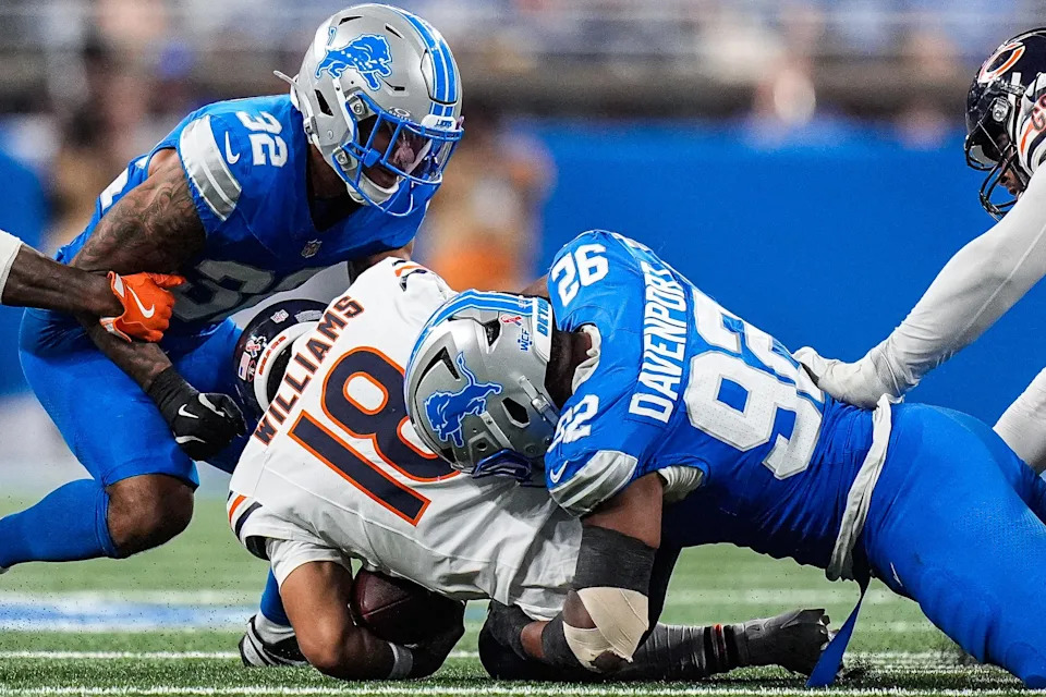 Detroit Lions defensive end Marcus Davenport (92) sacks Chicago Bears quarterback Caleb Williams (18) during the second half at Ford Field in Detroit on Sunday, Sept. 14, 2025.