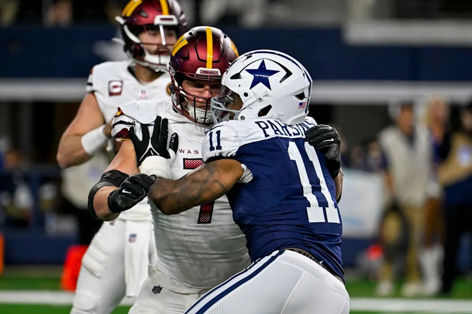 Nov 23, 2023; Arlington, Texas, USA; Washington Commanders guard Andrew Wylie (71) and Dallas Cowboys linebacker Micah Parsons (11) in action during the game between the Dallas Cowboys and the Washington Commanders at AT&T Stadium. Mandatory Credit: Jerome Miron-USA TODAY Sports© Jerome Miron-Imagn Images