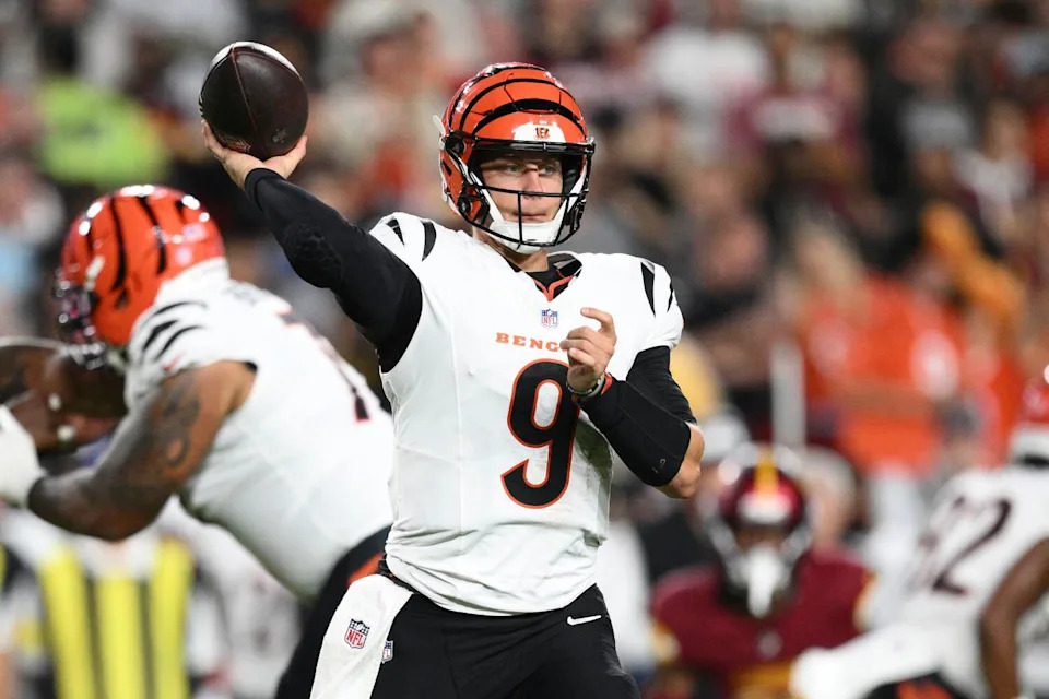 Cincinnati Bengals quarterback Joe Burrow passes against the Washington Commanders.