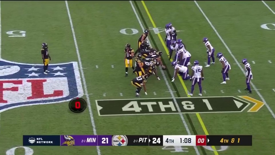 A live football game with the Pittsburgh Steelers offense lined up against the Minnesota Vikings defense on 4th and 1 with 1:08 left in the 4th quarter and the Steelers leading 24-21.