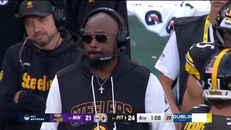 NFL Network broadcast showing Pittsburgh Steelers coach Mike Tomlin wearing a headset and sunglasses, with another coach beside him, and a score graphic of MIN 21 PIT 24.