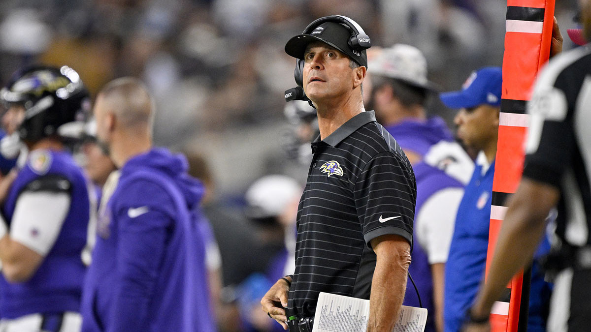 Baltimore Ravens head coach John Harbaugh looks on during the second half against the Dallas Cowboys at AT&T Stadium.
