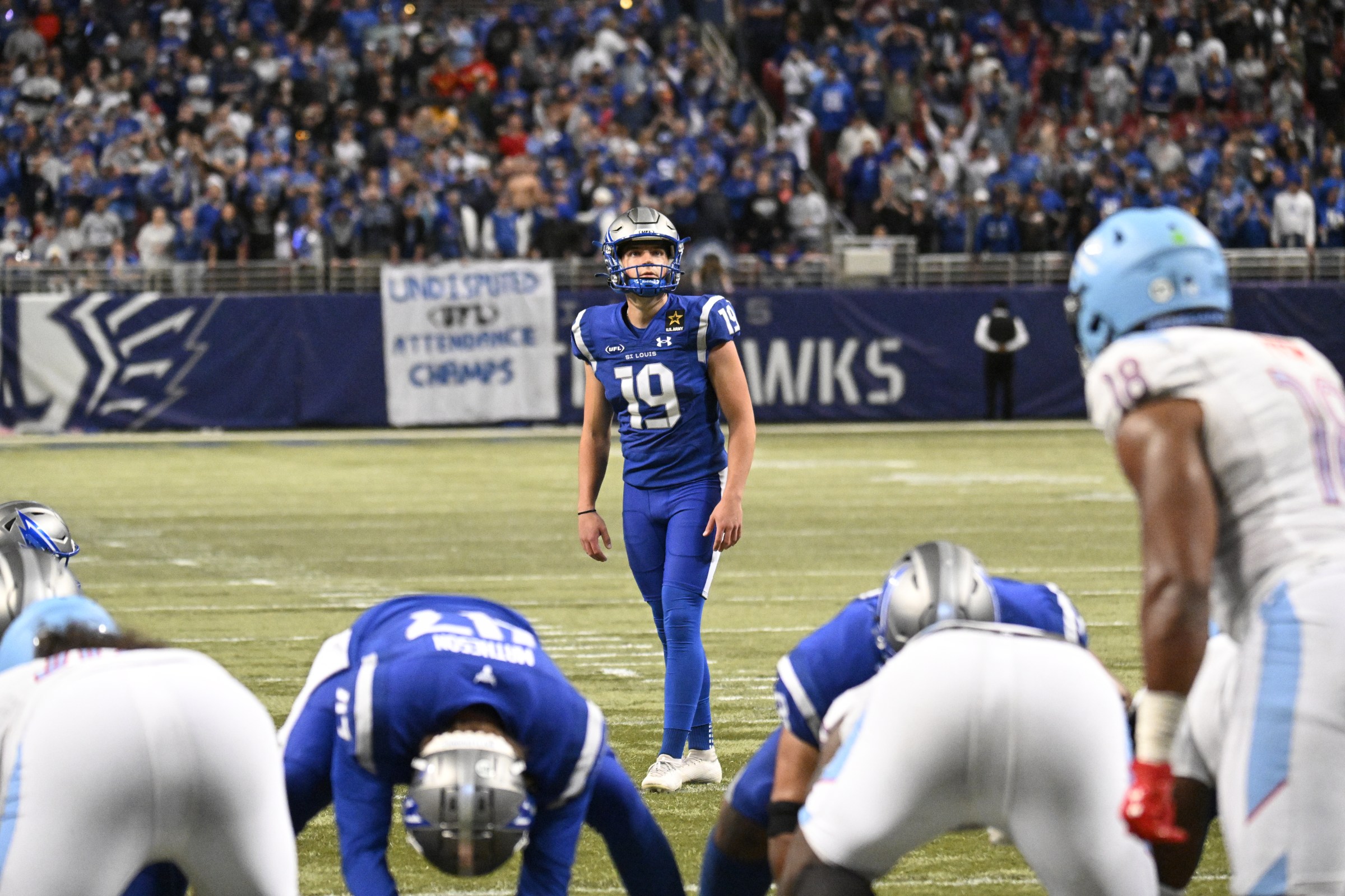 ST LOUIS, MISSOURI - APRIL 06: Andre Szmyt #19 of the St. Louis Battlehawks lines up a field goal attempt in the fourth quarter against the Arlington Renegades at The Dome at America’s Center on April 06, 2024 in St Louis, Missouri. (Photo by Scott Rovak/UFL/Getty Images)