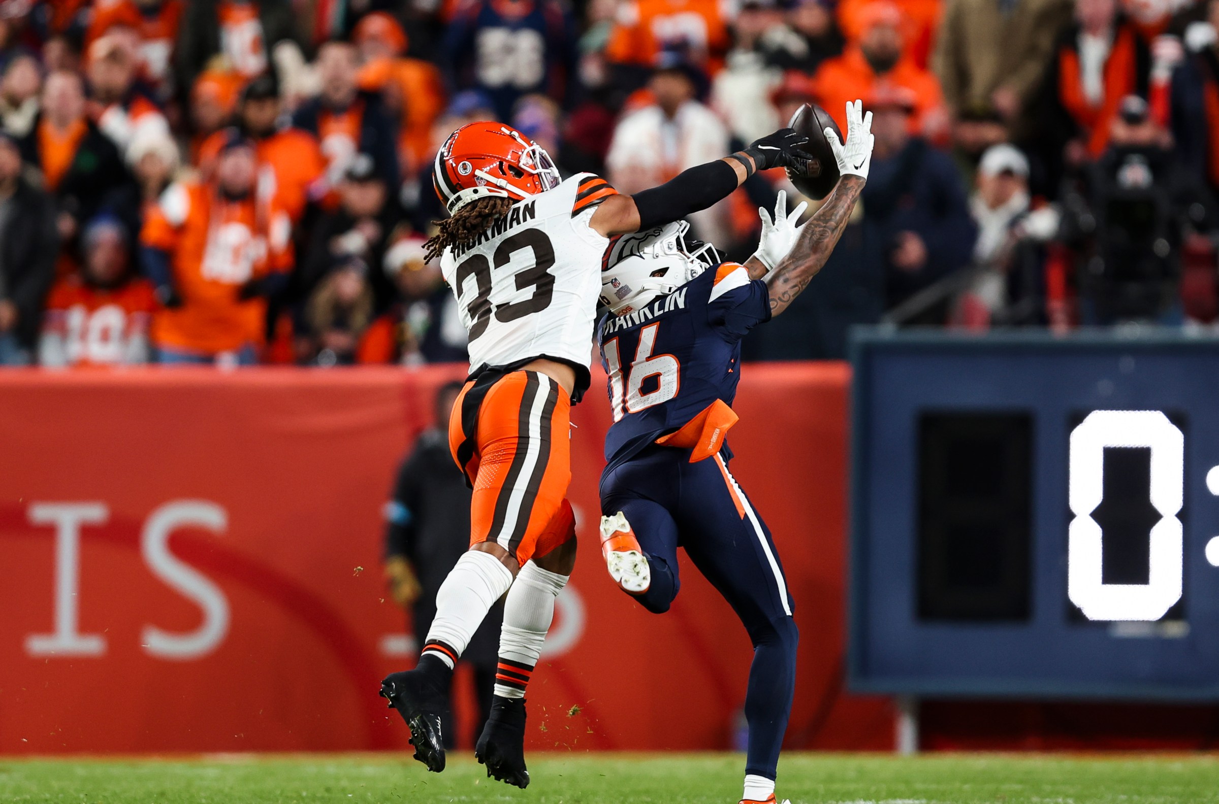 DENVER, COLORADO - DECEMBER 02: Ronnie Hickman #33 of the Cleveland Browns breaks up a pass during an NFL football game against the Denver Broncos at Empower Field at Mile High on December 2, 2024 in Denver, Colorado (Photo by Perry Knotts/Getty Images)