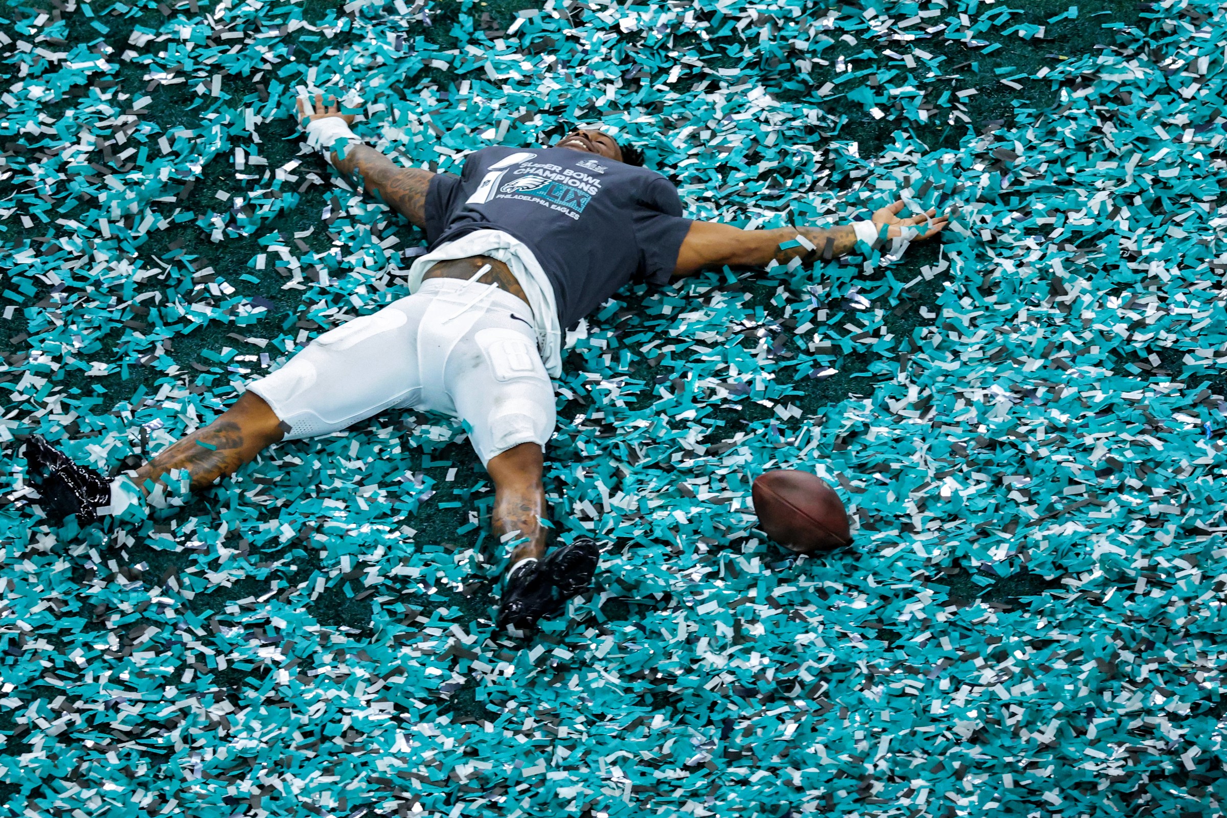 NEW ORLEANS, LOUISIANA - FEBRUARY 09: C.J. Gardner-Johnson #8 of the Philadelphia Eagles celebrates in confetti after beating the Kansas City Chiefs, 40-22, to win Super Bowl LIX at the Caesars Superdome on February 09, 2025 in New Orleans, Louisiana. (Photo by Patrick Smith/Getty Images)