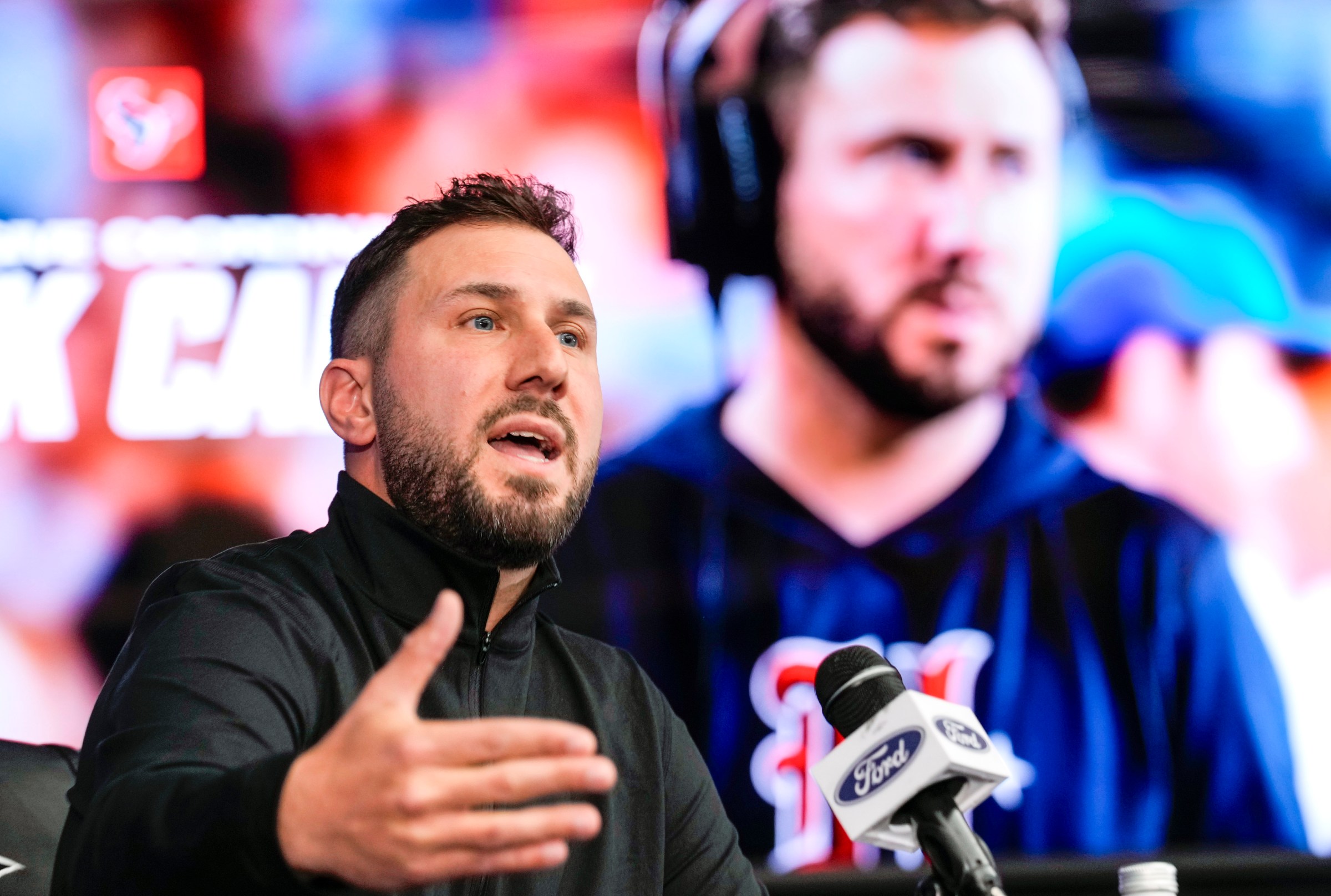 HOUSTON, TEXAS - FEBRUARY 13: Houston Texans offensive coordinator Nick Caley speaks to the media during a news conference introducing the new assistant coach on Thursday, Feb. 13, 2025, in Houston. (Brett Coomer/Houston Chronicle via Getty Images)