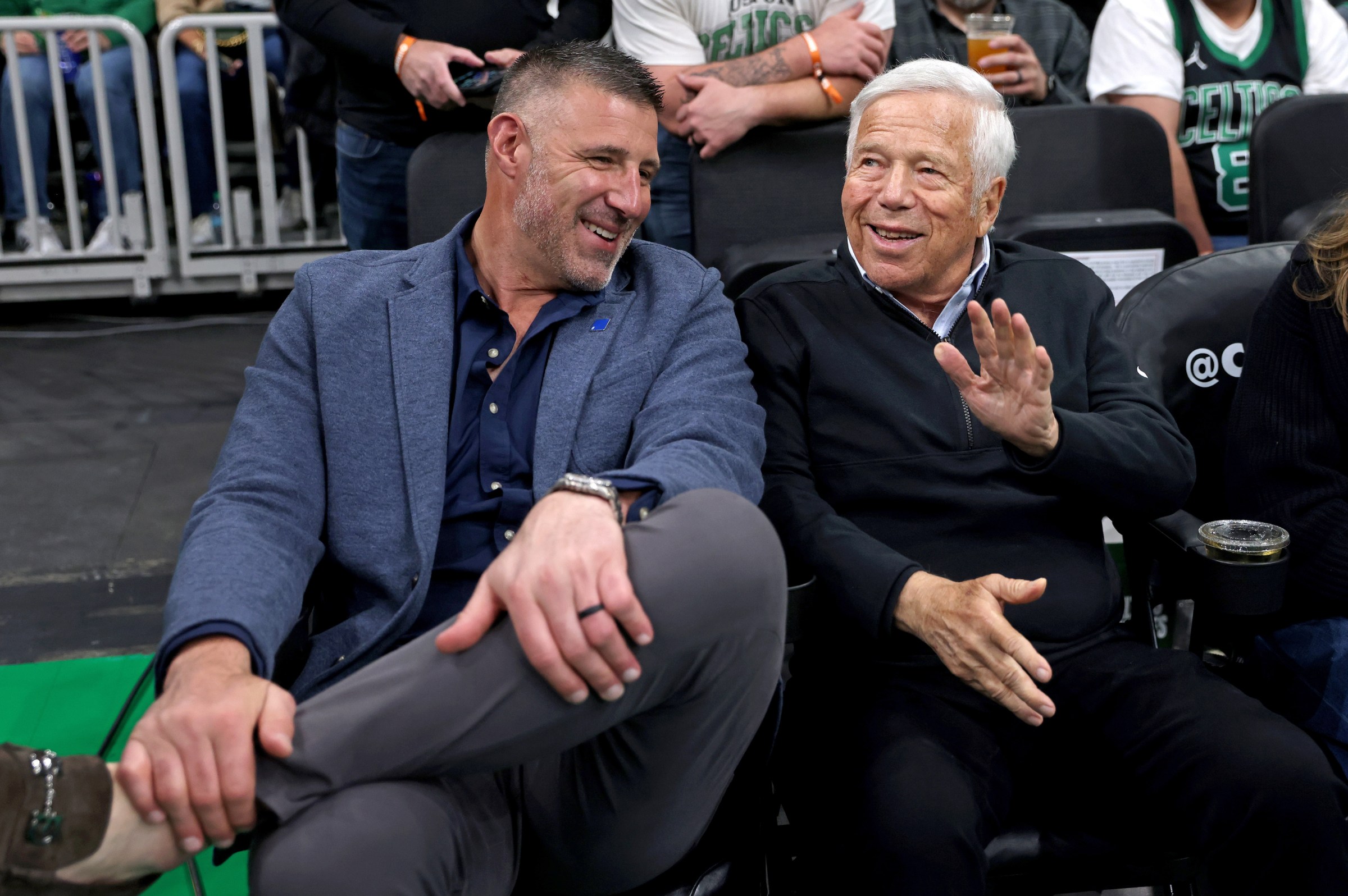Boston, MA - April 23 - New England Patriots head coach Mike Vrabel and owner Robert Kraft sit together during the third quarter of Game 2 of the Eastern Conference Finals at the TD Garden. (Photo by Matt Stone/MediaNews Group/Boston Herald via Getty Images)