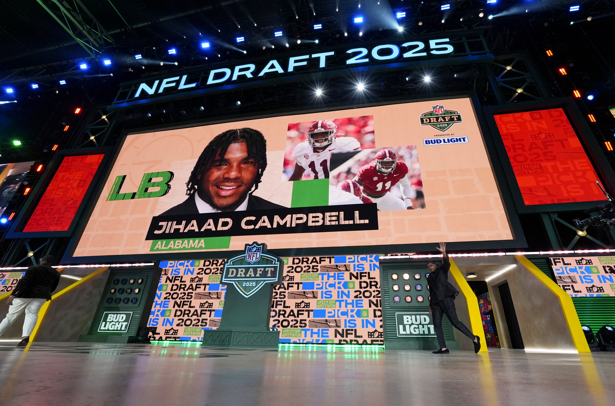 GREEN BAY, WISCONSIN - APRIL 24: Alabama linebacker Jihaad Campbell is introduced on stage during the first round of the 2025 NFL Draft on April 24, 2025 in Green Bay, Wisconsin. (Photo by Perry Knotts/Getty Images)